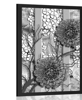 Černobílé Plakát abstraktní květiny na mramorovém pozadí v černobílém provedení