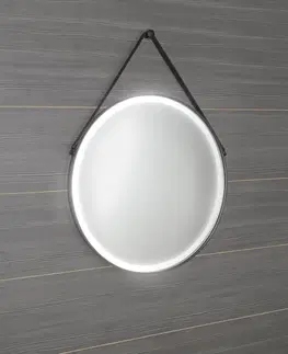 Koupelnová zrcadla SAPHO ORBITER kulaté zrcadlo s LED osvětlením ø 70cm, kožený pásek, černá mat ORL070