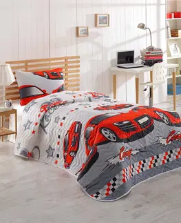 Přehozy L'essentiel Dětský bavlněný přehoz přes postel a povlak na polštář Cars 160x220 cm červeno-šedý