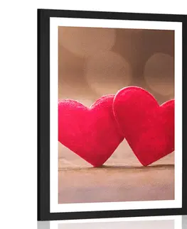 Láska Plakát s paspartou červená srdíčka na dřevěné textuře