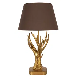 Lampy Zlatá stolní lampa s parožím a hnědým stínidlem - Ø 35*59 cm E27/max 1*60W Clayre & Eef 5LMC0024