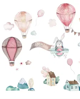 Samolepky na zeď Samolepky na zeď pro holčičky - Růžové balóny, zajíc a domy
