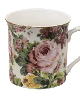 Hrnky a šálky Porcelánový hrnek s květy a zlatou linkou Pink Flowers - 12*8*9 cm / 330 ml Clayre & Eef PFMU