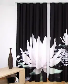 Luxusní hotové závěsy s potiskem 3D Černý závěs do pokoje s obrázkem bílých leknínů