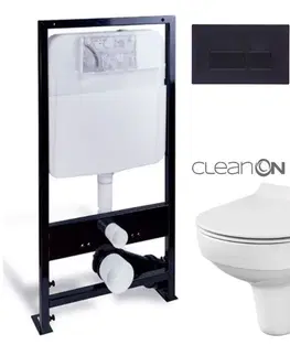 WC sedátka PRIM předstěnový instalační systém s černým tlačítkem  20/0044 + WC CERSANIT CITY NEW CLEANON + WC SEDÁTKO SLIM PRIM_20/0026 44 CI2