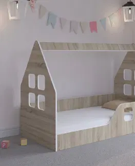 Dětské postele Dětská postel Montessori domeček 140 x 70 cm v provedení dub sonoma pravý