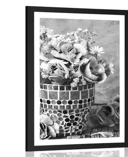 Černobílé Plakát s paspartou květiny karafiátu v mozaikovém květináči v černobílém provedení