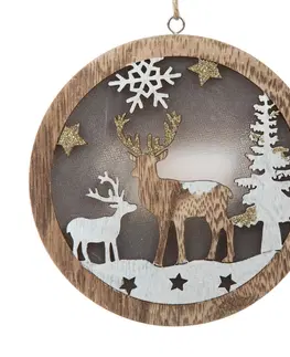 Vánoční dekorace Dřevěná závěsná ozdoba s LED světlem Fawn, 13 x 13 x 2,5 cm