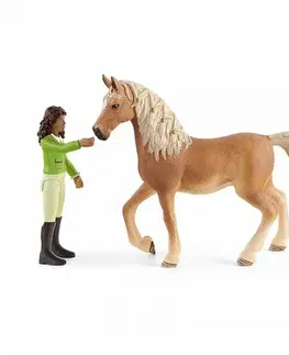 Dřevěné hračky Schleich 42542 Černovláska Sarah s pohyblivými klouby na koni Mystery