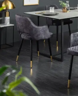 Luxusní jídelní židle Estila Art-deco židle Fribourg se sametovým potahem šedé barvy a černo-zlatými nohama