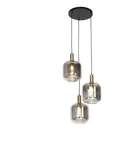 Zavesna svitidla Designová závěsná lampa černá se zlatou s kouřovým sklem 3-světlo - Zuzanna