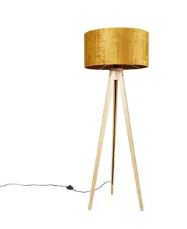 Stojaci lampy Stojací lampa dřevěná s látkovým stínidlem zlatá 50 cm - Stativ Classic