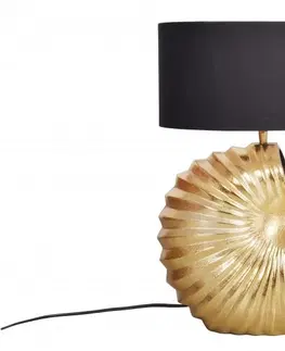 Designové a luxusní noční lampy do ložnice Estila Designová stolní lampa Alexa v art deco stylu se zlatou podstavou a černým kulatým stínítkem 63cm
