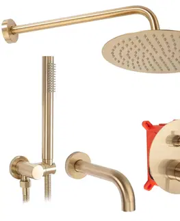 Sprchy a sprchové panely Podomítkový sprchový set s instalačním boxem Rea Lungo zlatý - vanová baterie, dešťová a ruční sprcha