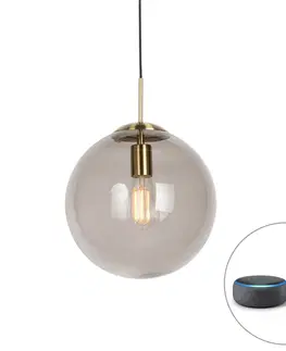 Zavesna svitidla Chytrá závěsná lampa mosazná s kouřovým sklem 30 cm včetně Wifi ST64 - Kulička