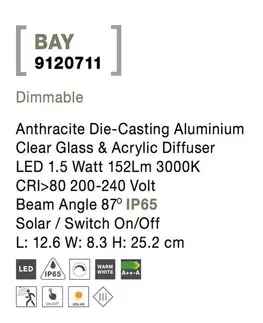 LED venkovní nástěnná svítidla NOVA LUCE venkovní nástěnné svítidlo BAY antracitový hliník čiré sklo a akrylový difuzor LED 1.5W 3000K 3.7V 87st. IP65 solární / vypínač na těle / pohybové čidlo 9120711