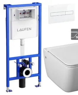 WC sedátka LAUFEN Rámový podomítkový modul CW1 SET s bílým tlačítkem + WC JIKA PURE + SEDÁTKO DURAPLAST H8946600000001BI PU1