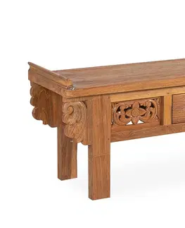 Stylové a luxusní lavice Estila Ručně vyřezávaná ornamentální lavice Talia se čtyřmi nožičkami z exoticky působícího dřeva v koloniálním stylu 120cm