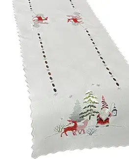 Dekorační ubrusy Vánoční bílá štóla s výšivkou elfa a soba