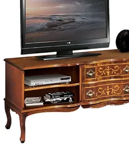 Luxusní a designové televizní stolky Estila Luxusní rustikální intarzovaný TV stolek Clasica z masivu se čtyřmi poličkami a dvěma šuplíky zdobenými intarzií 158cm
