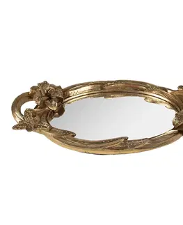 Podnosy a tácy Zlatý antik oválný dekorativní podnos se zrcadlem a květy - 45*25*5 cm Clayre & Eef 65131
