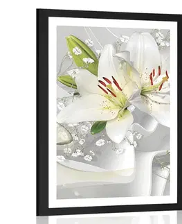 Květiny Plakát s paspartou bílá lilie na zajímavém pozadí