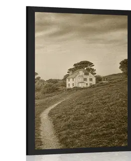 Černobílé Plakát dům na útesu v sépiovém provedení