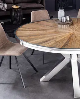 Luxusní nábytek do jídelny Estila Luxusní industriální kulatý jídelní stůl Barracuda z teakového hnědého dřeva s chromovanými nožičkami 140 cm