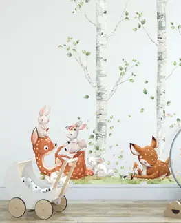 Samolepky na zeď Samolepky na zeď dětské - Srnky se zajíčky v březovém lese