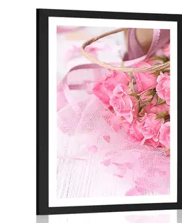 Zátiší Plakát s paspartou romantická růžová kytice růží