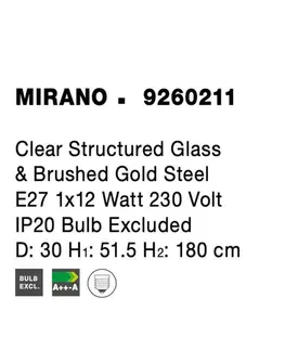 Designová závěsná svítidla NOVA LUCE závěsné svítidlo MIRANO čiré strukturované sklo a broušená zlatá ocel E27 1x12W 230V IP20 bez žárovky 9260211