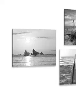 Sestavy obrazů Set obrazů moře a pláž v černobílém provedení