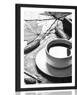 Černobílé Plakát s paspartou šálek kávy v podzimním nádechu v černobílém provedení