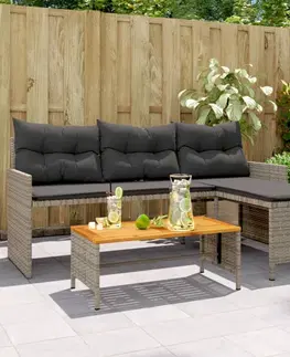 Zahradní sestavy Zahradní pohovka ve tvaru L stolek a podušky šedá polyratan