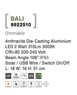 Osvětlení terasy a balkónu NOVA LUCE venkovní stojací lampa BALI antracitový hliník LED 2W 3000K 5V DC 108st. IP65 solární / USB kabel / vypínač na těle / stmívatelné 9922510