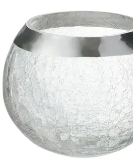 Svícny Transparentní skleněný kulatý svicen na čajovou svíčku se stříbrným zdobením - Ø 15*12 cm J-Line by Jolipa 65145