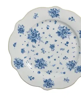 Talíře Bílý dezertní talíř s modrými růžičkami Blue Rose Blooming - Ø 20*2 cm Clayre & Eef BRBDP