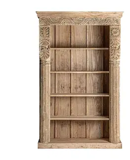 Luxusní knihovny a regály Estila Etno dřevěná knihovna Maleesa přírodní hnědé barvy s pěti poličkami a ornamentálním vyřezáváním 195cm
