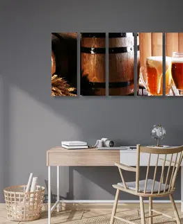 Obrazy jídla a nápoje 5-dílný obraz pivo s pivním soudkem