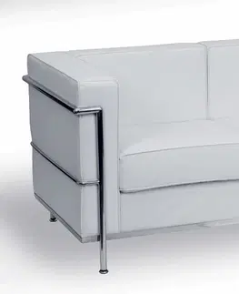 Luxusní a designové sedačky Estila Moderní kožená sedačka Vidar v bílém čalounění se stříbrnou kovovou konstrukcí dvoumístná 145cm