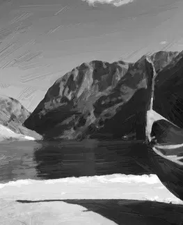 Černobílé obrazy Obraz dřevěná vikingská loď v černobílém provedení