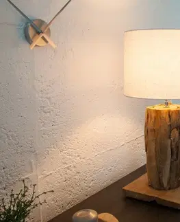 Designové a luxusní noční lampy do ložnice Estila Koloniální dřevěná stolní lampa Pole II s polohovatelným lněným stínítkem v naturální bílé barvě 59-70cm