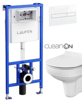WC sedátka LAUFEN Rámový podomítkový modul CW1 SET s bílým tlačítkem + WC CERSANIT CITY NEW CLEANON + WC SEDÁTKO SLIM H8946600000001BI CI2