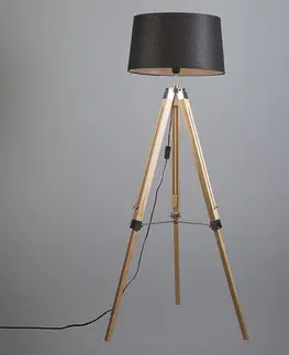 Stojaci lampy Stojací lampa přírodní s černým plátěným stínidlem 45 cm - Stativ