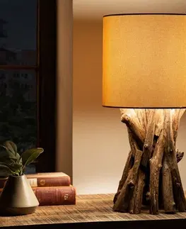 Luxusní a designové stolní lampy Estila Venkovská stolní lampa Missle z přírodního teakového dřeva s kulatým béžovým stínítkem 50cm