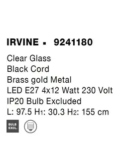 Industriální závěsná svítidla NOVA LUCE závěsné svítidlo IRVINE čiré sklo černý kabel mosazný zlatý kov E27 4x12W 230V IP20 bez žárovky 9241180