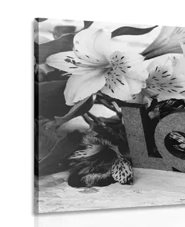 Černobílé obrazy Obraz s dřevěným nápisem Love v černobílém provedení