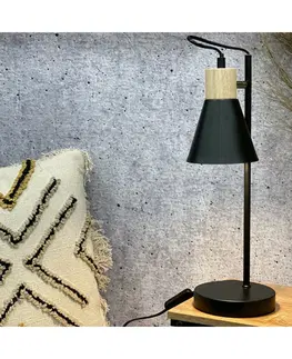 Lampičky Kovová stolní lampa s dřevěným podstavcem Solano černá, 14 x 47 cm