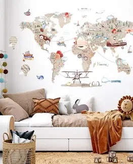Samolepky na zeď Dětské samolepky na zeď - Hnědá mapa světa pro malé dobrodruhy