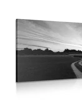 Černobílé obrazy Obraz zapadající slunce nad krajinou v černobílém provedení